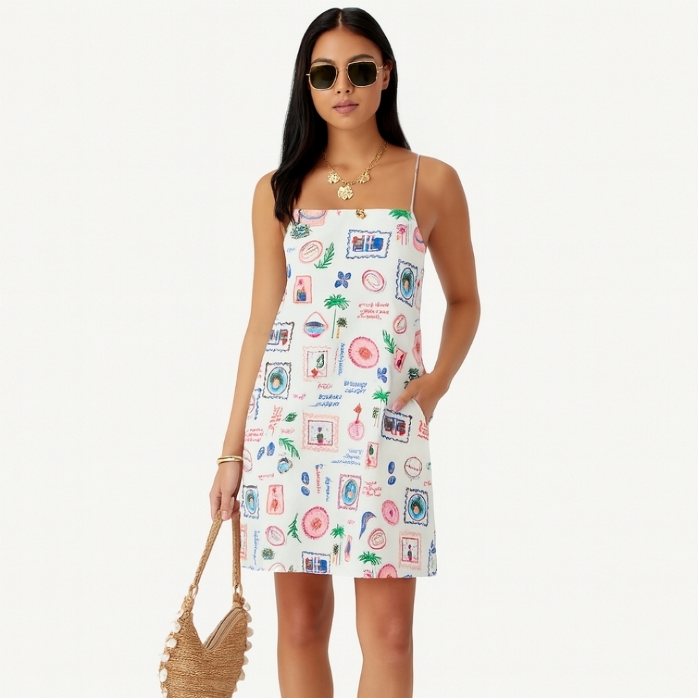 Monteau Italy Stamp Print Linen Blend Mini Sundress M